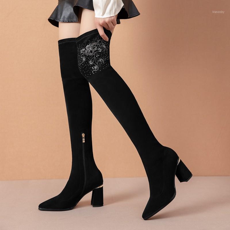 

Black Suede Over The Knee Boots Women Shoes 2020 Crystal Thigh High Boots Heels Women Pointed Toe Long with High Heels1