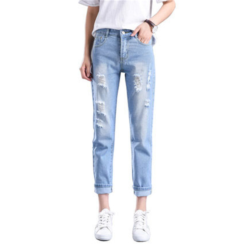 

Nine points jeans spring and summer new wild hole jeans casual harem pants women's high waist slim straight pants old pantsB12, Blue