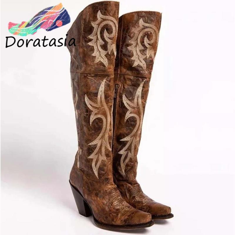 

DORATASIA Brand Women High Heels Fashion Western Shoes Casual Autumn Zipper Boots Women Round Toe Mid Calf Boots, Brown