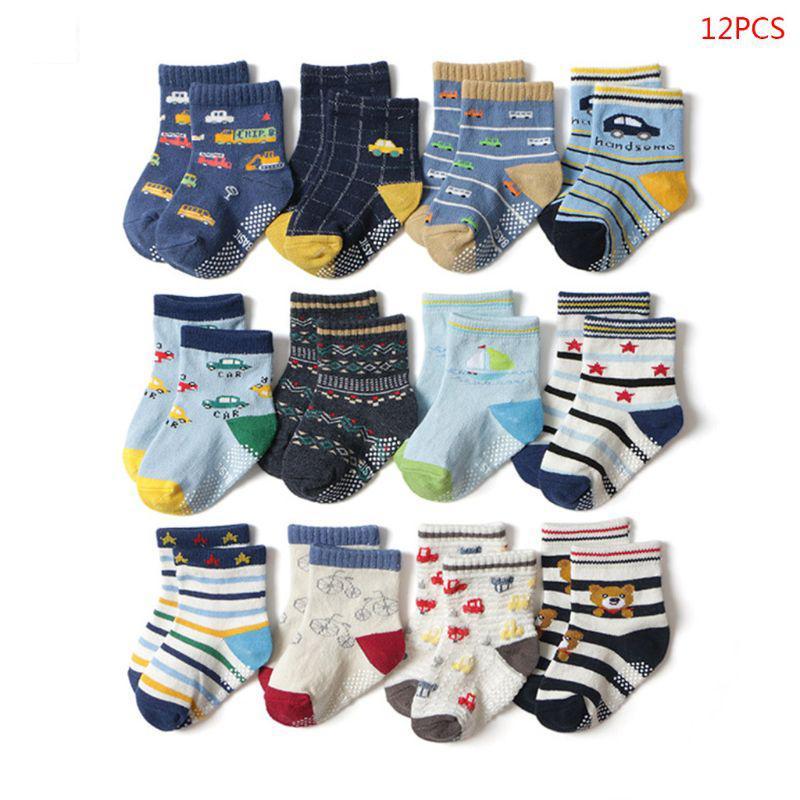 

12 Pair/Set Toddler Baby Combed Cotton Socks Anti-slip Cartoon Floor Stocking Kids Boys Girls Comfortable Warm Sox1, As pic