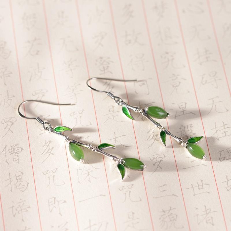 

Natural Hetian Jasper small tassel Bamboo Earrings Chinese retro court style elegant designer unique silver jewelry