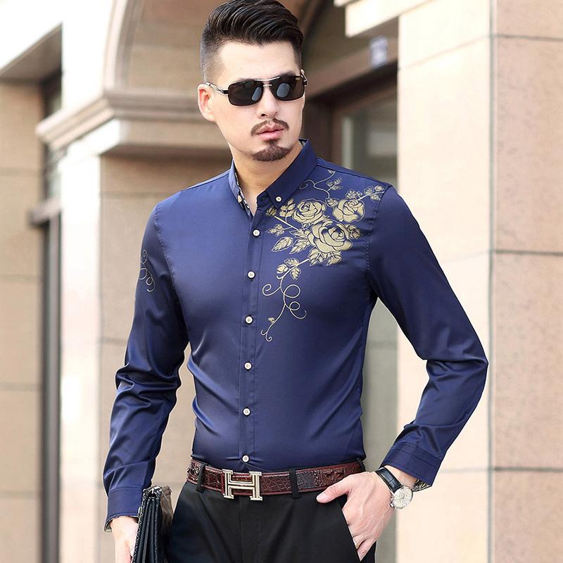 

High Quality Men's Shirt 7XL Plus Size Long Sleeve Print Shirt Camisas Men's Casual Business Dress Oversized Top, Blue