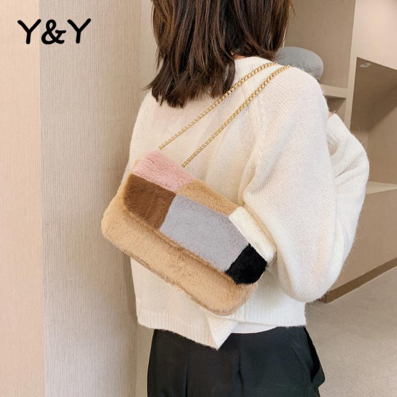 

Y&Y Fluffy Panelled Bags Winter Chain Messenger Bags Fashion Ins Style Plush Women Shoulder Female Small Square, Black