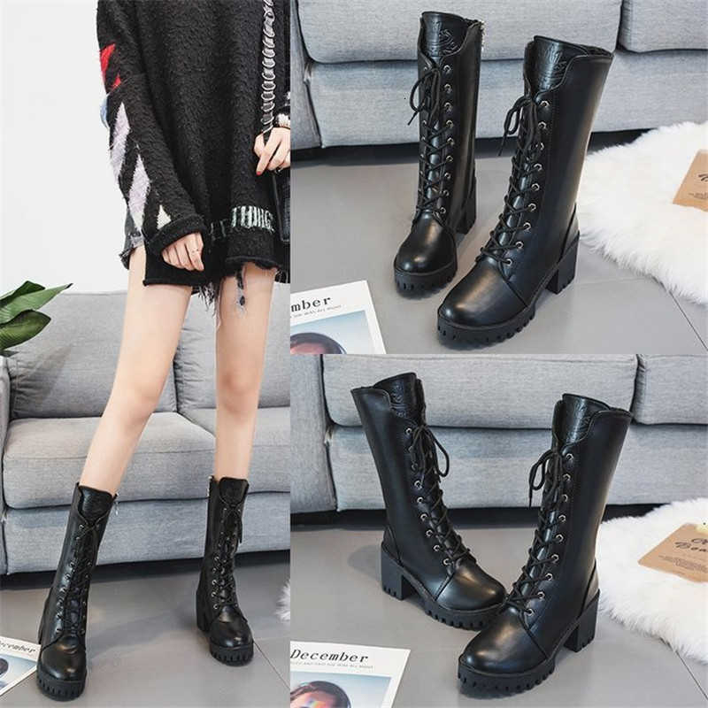 

2021 New Autumn Winter Female Boots Mid-calf Lace to Toe Round Foot Thick Heels Solid Lady Casual Shoes CFDS, Black