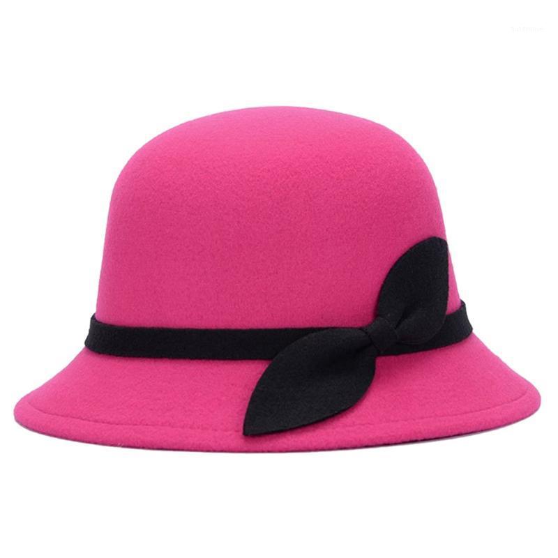 

Cute Fashion Ladies Women Faux Wool Felt Bucket Hats Cloche Bowler Cap with Bowknot MU86691, Black red
