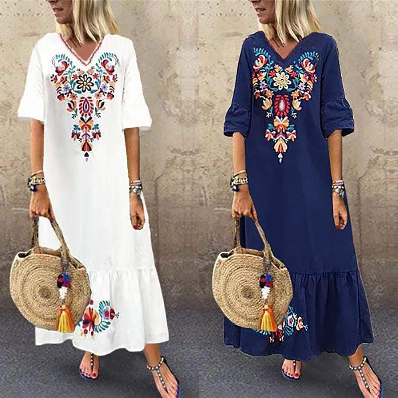 

Women' Print Sundress Bohemian Ruffle Maxi Dress ZANZEA 2020 Kaftan V-Neck Summer Vestidos Plus Size Short Sleeve Floral Robe, Red