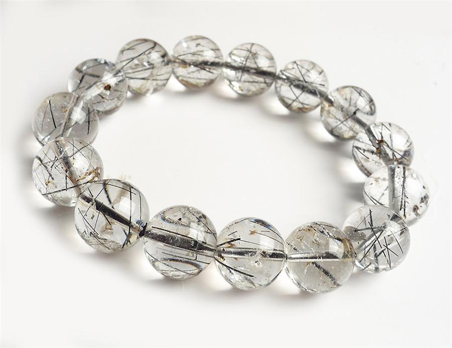 

Black Natural Rutilated Quartz Bracelets Women Men 11.5mm Clear Stretch Crystal Round Bead Bracelet Drop Shipping