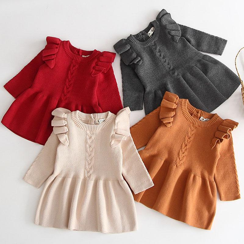 

Baby Girl Knit Dress New Autumn Winter Fashion Baby Toddlers Sweater Kids Ruffled Long Sleeve Warm Sweater Infant Dress, Gray b91q02