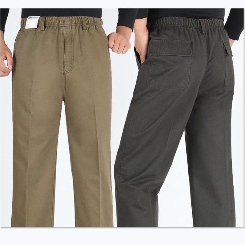 

Winter Men's Casual Pants Elastic Waist Cotton High Waist Middle Aged Thicken Trousers Loose Pants Men Male Bottoms Straight, Army green