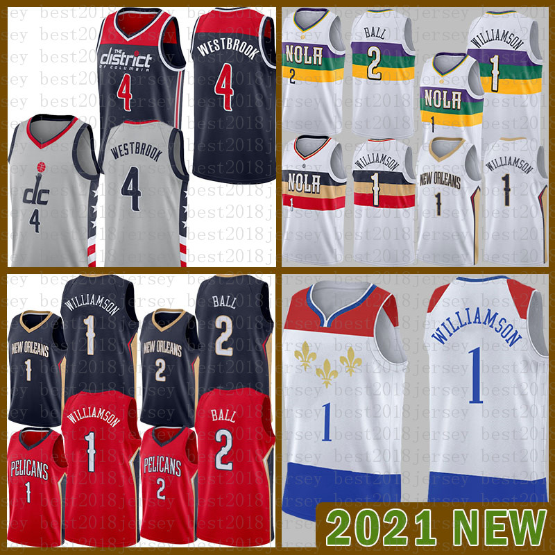 

2021 New Basketball Jersey Washington Wizards New Mens Orleans Pelicans Zion 1 Williamson Lonzo 2 Ball Russell 4 Westbrook Gold, Black;red