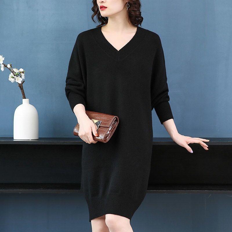 

Women 2020 Autumn Winter Knitted Dresses Female Casual Long Sleeve V-Neck Sweaters Ladies Elegant Knitwear Jumper Pullovers Y961, Black