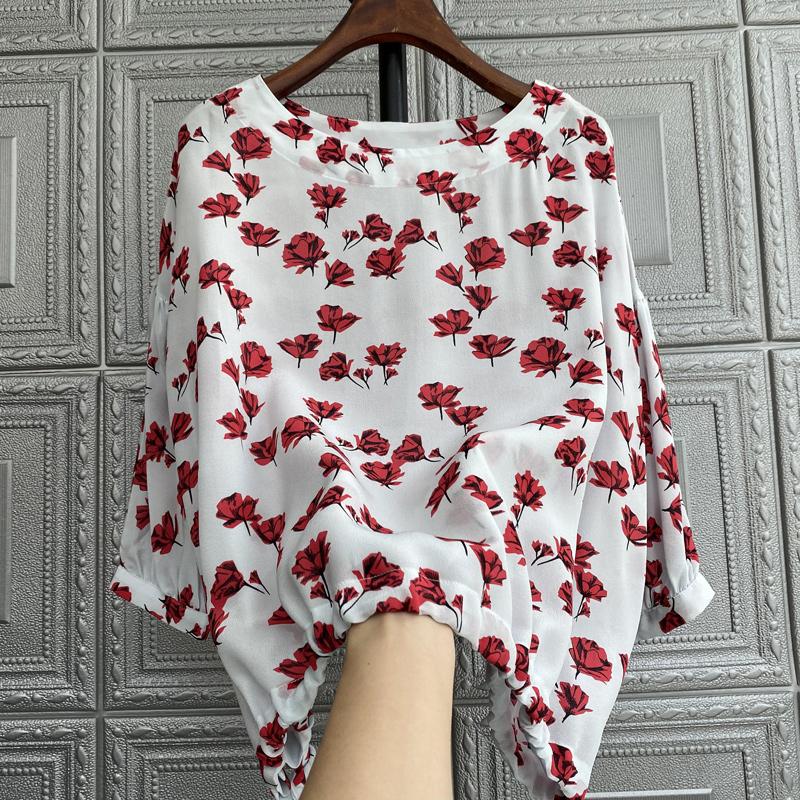 

7.15 Summer Fashion Vintage Exquisite Floral Print Round Neck Hem Drawstring Lace up Loose Bat Sleeve Silk Blouse Women 2020 New, As picture