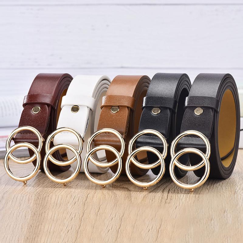 

105cm Women Wild Strap Belts Casual Solid Double Ring Circle Buckle Girl Belt Jeans Dress PU Leather Waistband, Red