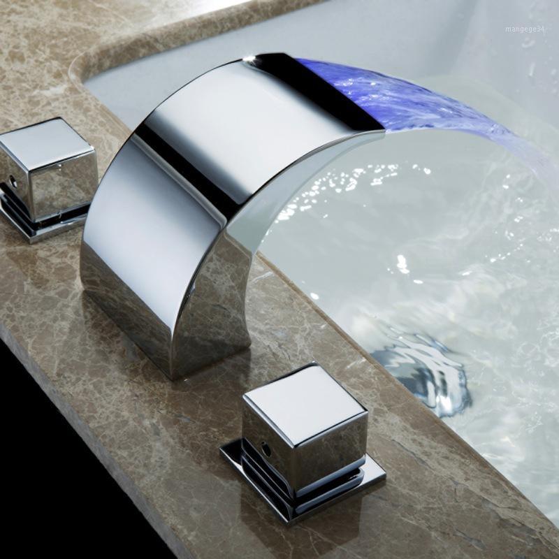 

SKOWLL LED Waterfall Faucet Deck Mounted Bathroom Sink Faucet 2 Handles Waterfall Mixer Tap1