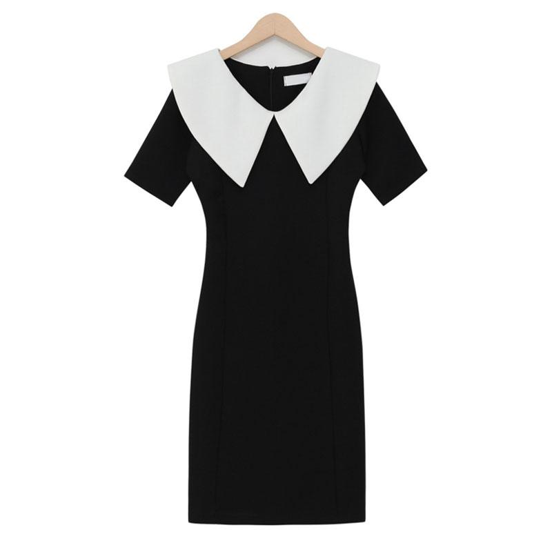 

PERHAPS U women sailor collar black white vintage dress pencil knee length short sleeve elegant D1042