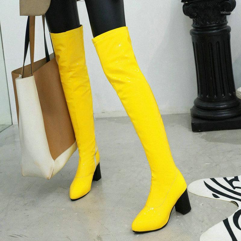 

Patent PU Leather Women Over the Knee Boots Fashion Square High Heel Pointed Toe Ladies Long Boots Short Plush Women Winter Boot1, Black