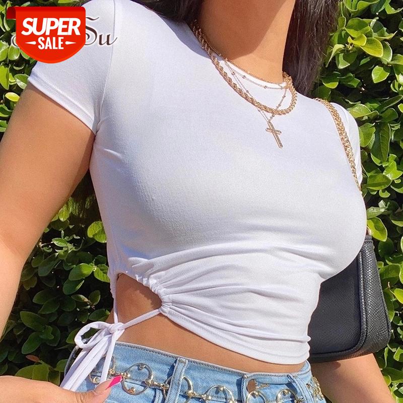 

ArtSu Short Sleeve CropTops Side Hole Hollow Out O-Neck Slim Elastic Bandage Lace up Women Cropped Shirts Summer New #hl2r, White