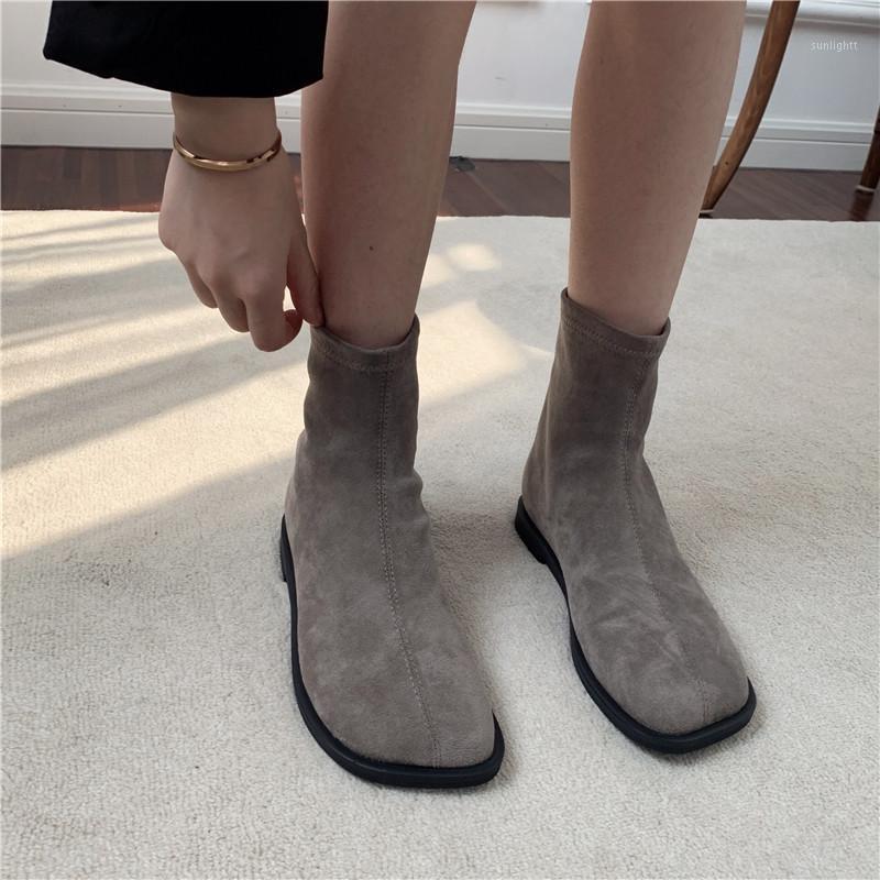 

COOTELILI Boots Women Autumn Shoes Square Toe Zip Flat Heel Fashion Boots For Women Black Gray Ladies Casual Size 35-391