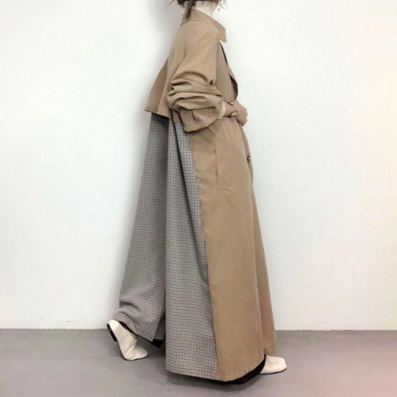 

Trench Coat Women 2020 Autumn Winter Janpan Female Tops Patchwork Loose Notched Lapel Long Sleeve Trench Coats Tops Outwear1, Khaki