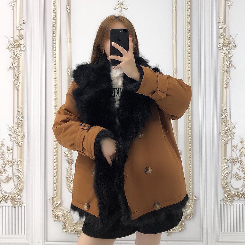 

oloey 2020 New Korean version Raccoon Fur Short Coat Two-sided Wear Pie Overcoming Women's Winter Fur Liner Parka Black Coat