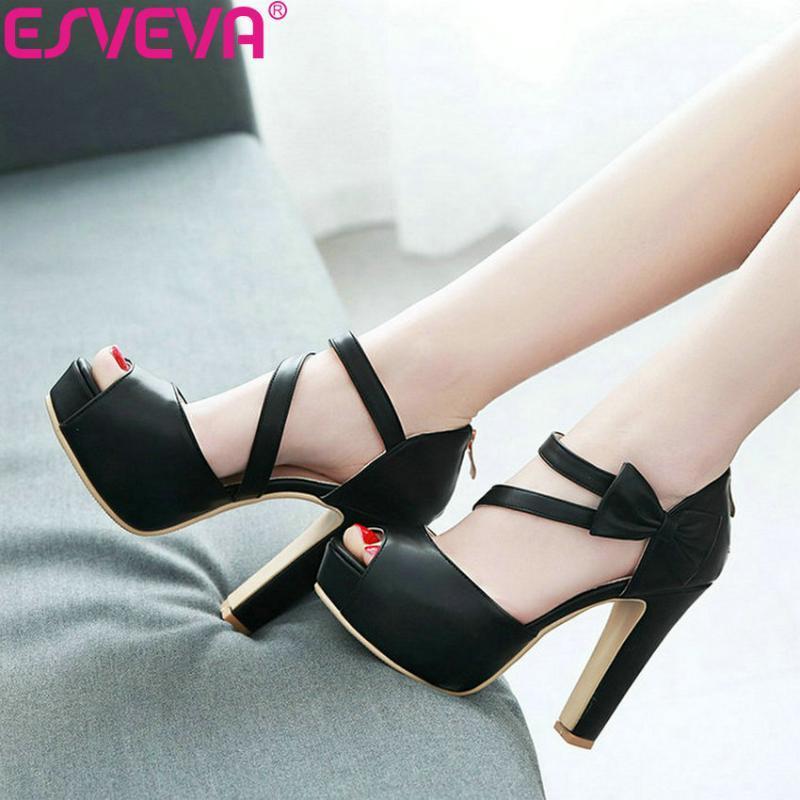 

ESVEVA 2021 Sweet Square High Heels Women's Shoes Buckle Peep Toe Women Sandals Platform 3.5cm Sandals Women Shoes Size 34-431, White