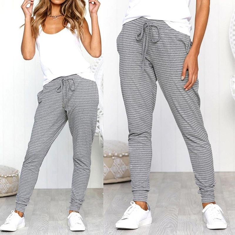 

New Fashion Womens Casual Pants Striped Printed Ladies Pencil Pants Lace Up Waist Trousers For Females, Gary