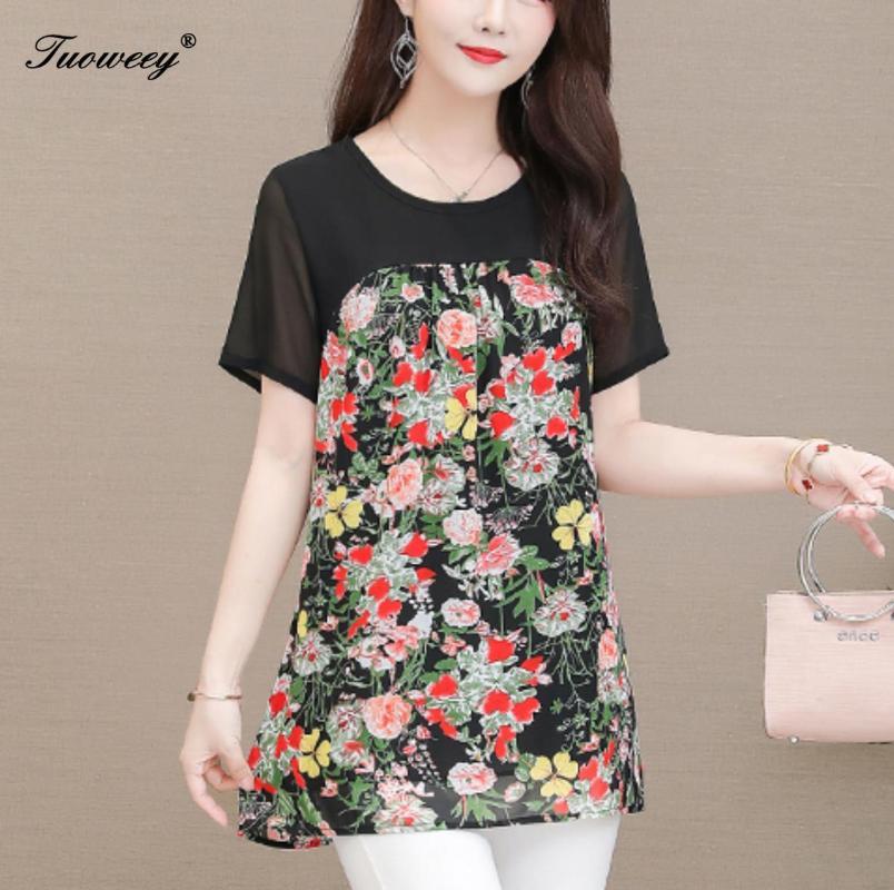 

Plus Size 5XL summer Blouse Fashion Women's Blouses Shirt 2020 patchwork New Chiffon Loose short sleeve Shirts Ladies, Blue