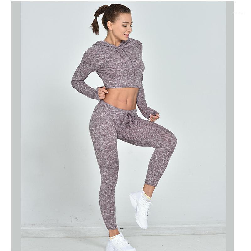 

MM 2020 New Women' Casual Sportswear Knitted Hooded Sports Suit Running Tracksuits Elastic Belt Pants Suit 2 Piece Set Hot Sale1, Grey