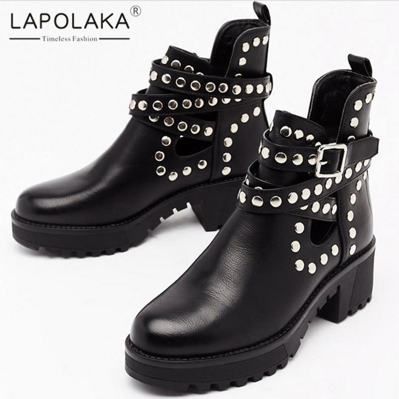 

Lapolaka New Fashion 2020 Rivet Fashion Shoes Lady Boots Female Chunky Heels Platform Buckle Strap Office Boots Female1, Black