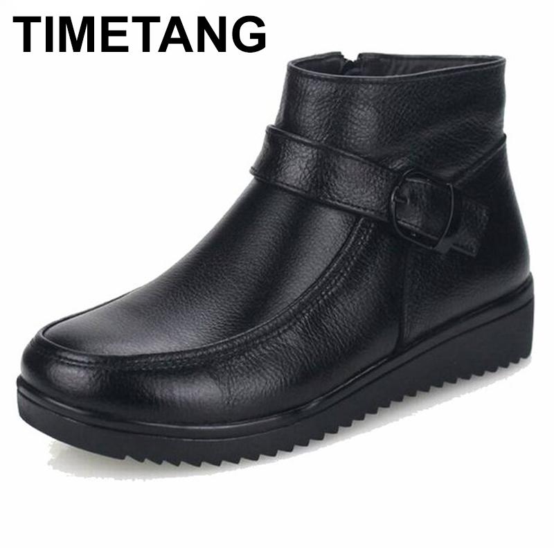 

TIMETANG Women boots women genuine leather winter boots warm plush autumn winter wedge shoes woman ankle size 33-43, Black