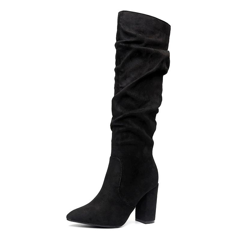 

Long Booties Women Thigh High Boots Black Faux Leather Side Zip Chunky Heels Over Knee Boots Botas Bottes Femme Mujer