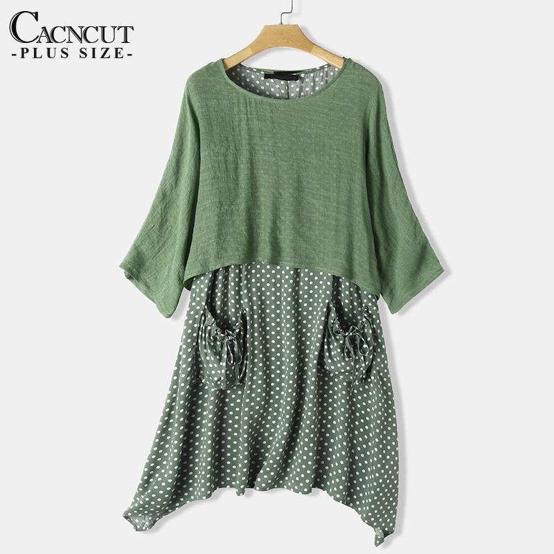 

5XL 2020 Summer Plus size Loose Polka Dot Two-Piece Dress Casual Cotton Linen Dress 4XL Large Size Women Half Sleeve Vestidos1, Black