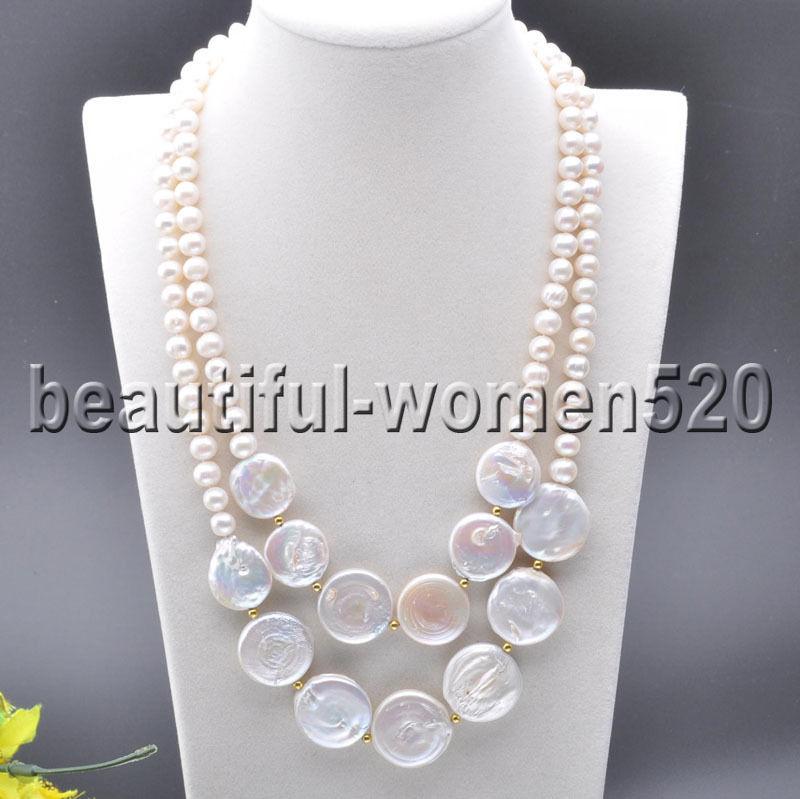 

X0208 2Strands 22mm Round Coin Freshwater Pearl Necklace 20inch