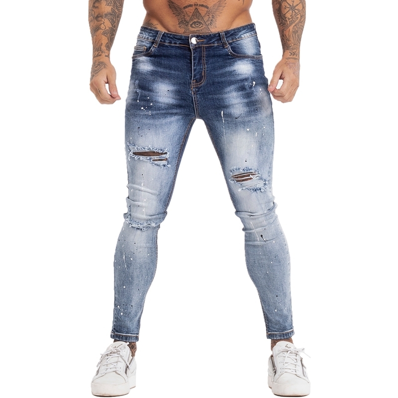 

GINGTTO Homme Elastic Waist Skinny for Men Stretch Pants Streetwear Mens Denim Blue Jeans zm139 201120, Blue zm139