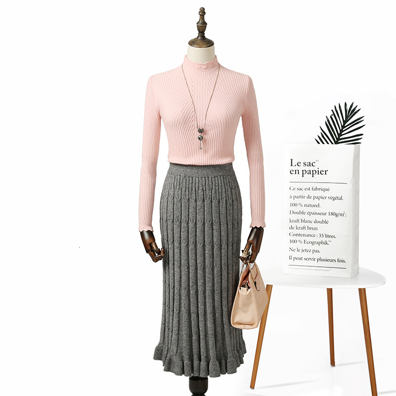 

2021 New Warm Knitted Midi Women for Autumn Winter Koreaan Ladies High Waist a Line Pleated Long Skirt Female Zmi8, Khaki
