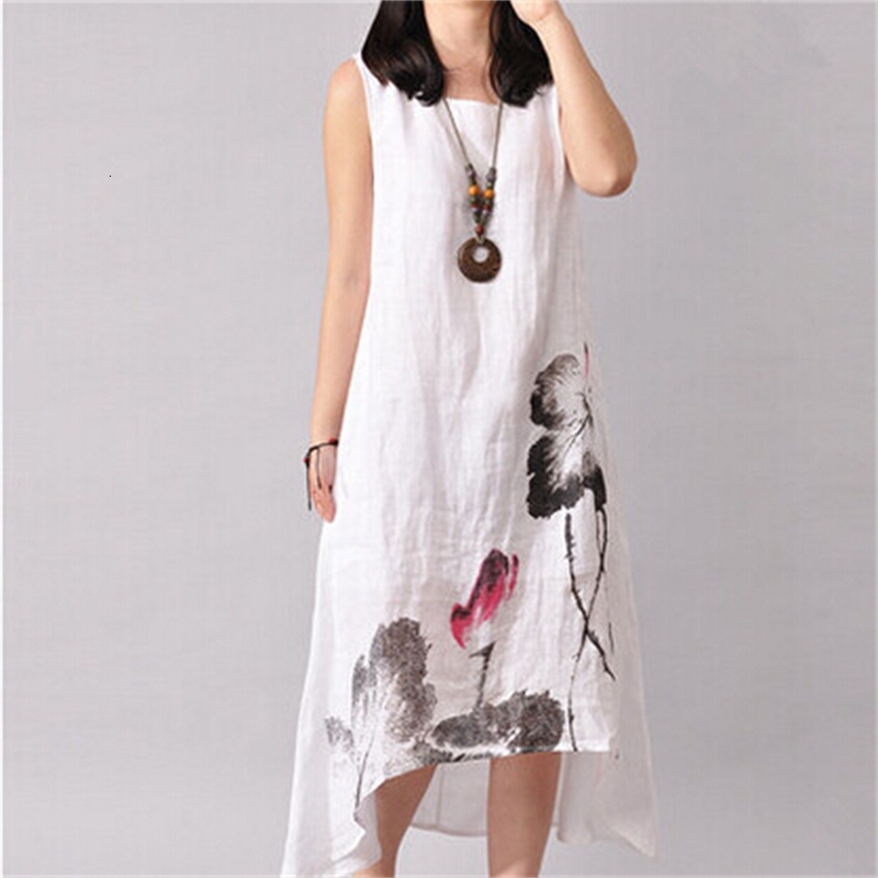 

2021 New Summer Vintage Style Sleeveless Robe White Maxi Plus Size Casual Linen Long Sun Printing Women I4yn, Brown