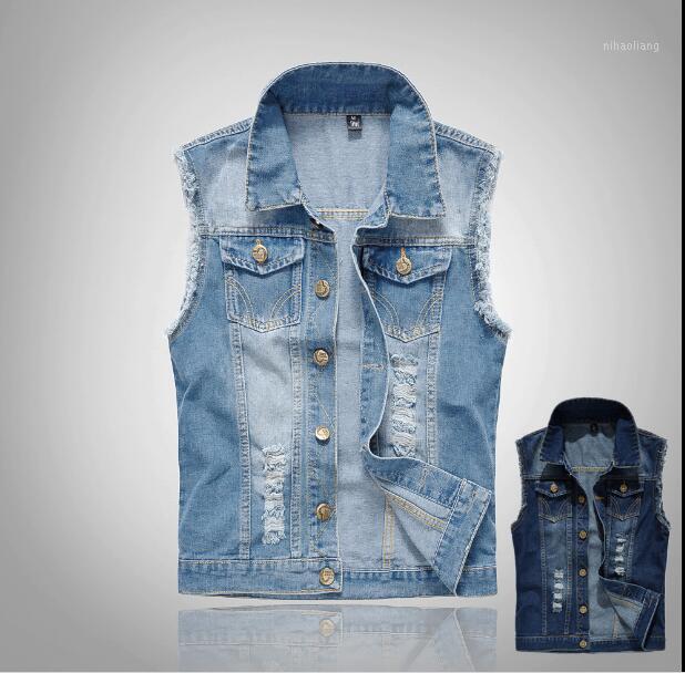 

S-6XL 2018 Korean Slim tide male casual cowboy vest large size street hip-hop men's hole vest plus size1, Blue