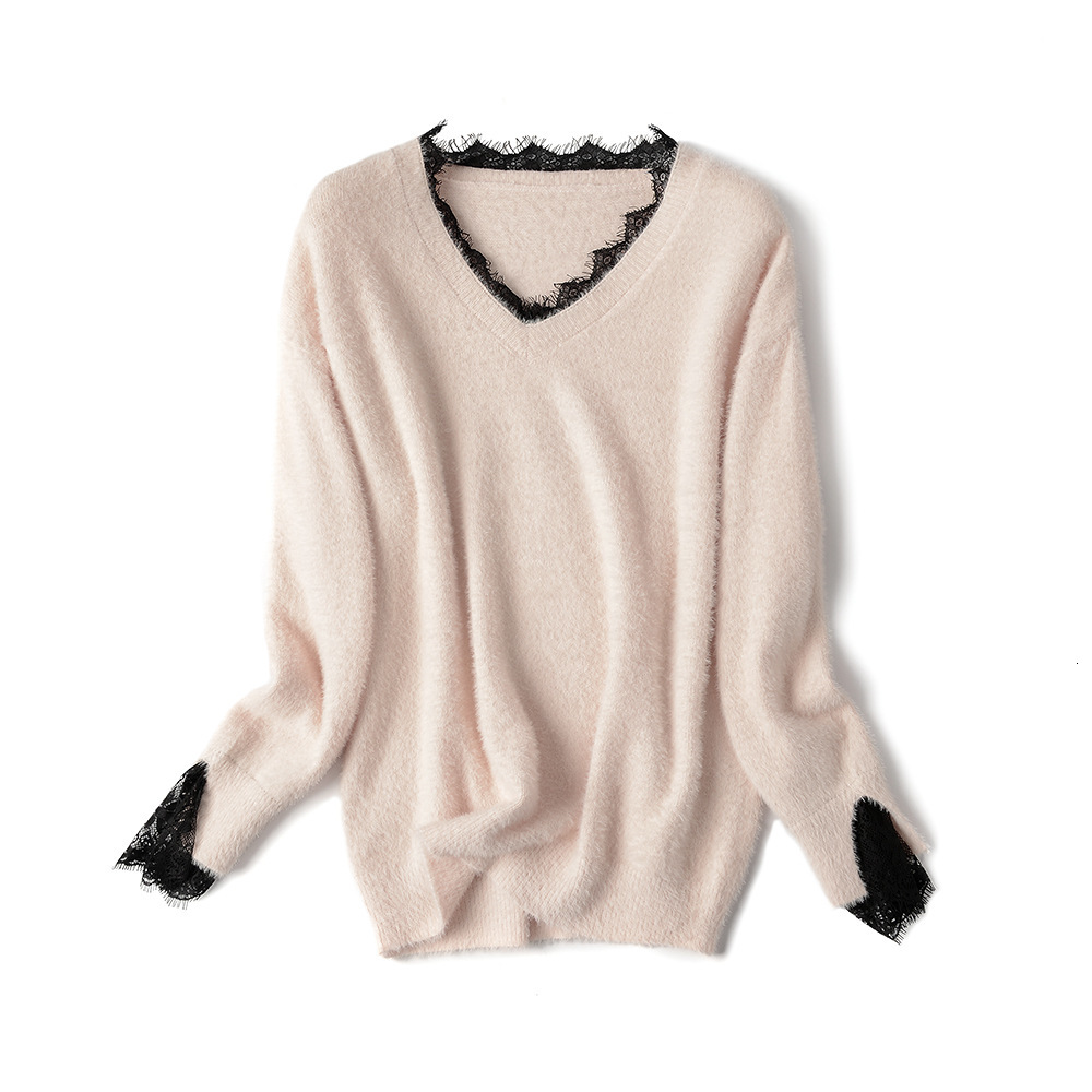 

2021 New v Neck Women Cashmere Sweater Autumn Winter Warm Fluffy Pullovers Top Knitted Lace Soft Female Jumper Mujer Jersey Qet1, Apricot