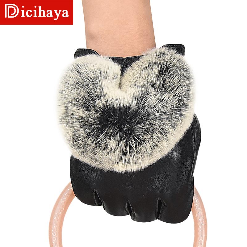 

DICIHAYA Women's Winter Real Leather Gloves Fashion New Brand Black Genuine Goatskin Finger Gloves Warm Mittens New Hot Sale