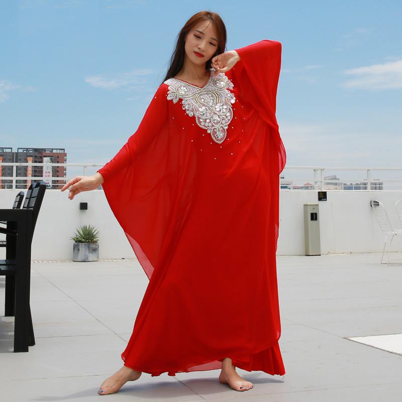 

2020 Women Dance Wear Belly Dance Clothes Kaftan Dress with Sequins Chiffon Traditional Khaleeji Thobe Dresses, Red