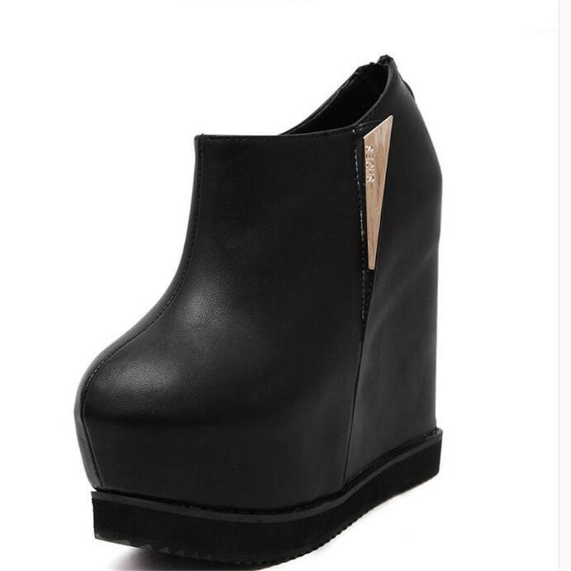 

14cm High Heels Boots Black Platform Ankle Boots Women Casual Round Toe Wedges Shoes Sexy Female Height Increasing Pumps1