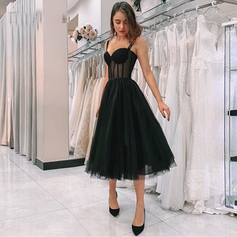

New Arrival Illusion Black Prom Dress Spaghetti Strap Polka Dot Tulle Tea Length Formal Party Gowns Short Vestido De Festa homecoming, White