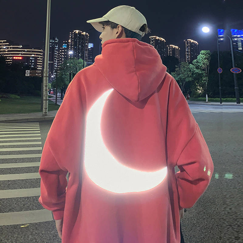 

Moon Reflective Hoodies Loose Men's Sweatshirt Orange Autumn Winter Sweatshirts Men Streetwear Cool Japan Hoodies Funny Male