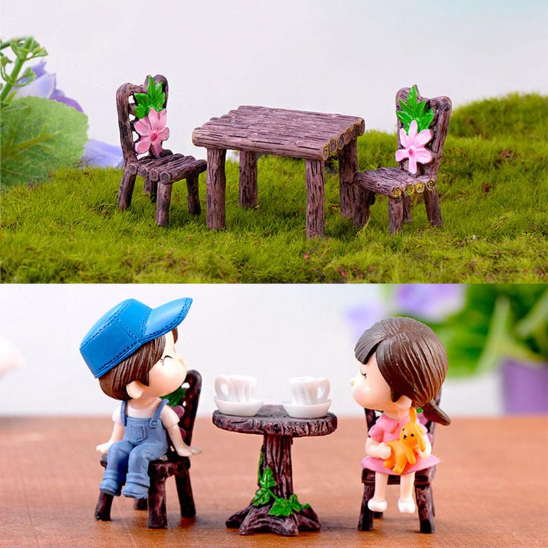 

1 Set Miniatures DIY Material Wood Chairs Tables Resin Crafts Artificial Micro Landscape Home Garden Decorations Desk Stool