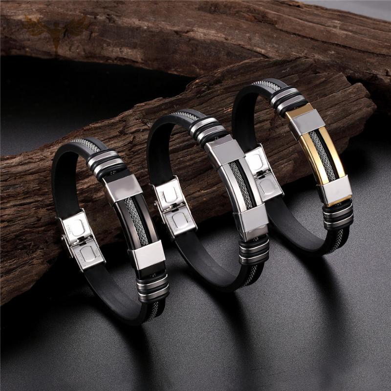 

Fgift High Quality Man Bracelet Stainless Steel Silicone Bracelets 20CM Black Silicone Double Safety Clasps Fashion Male Jewelry