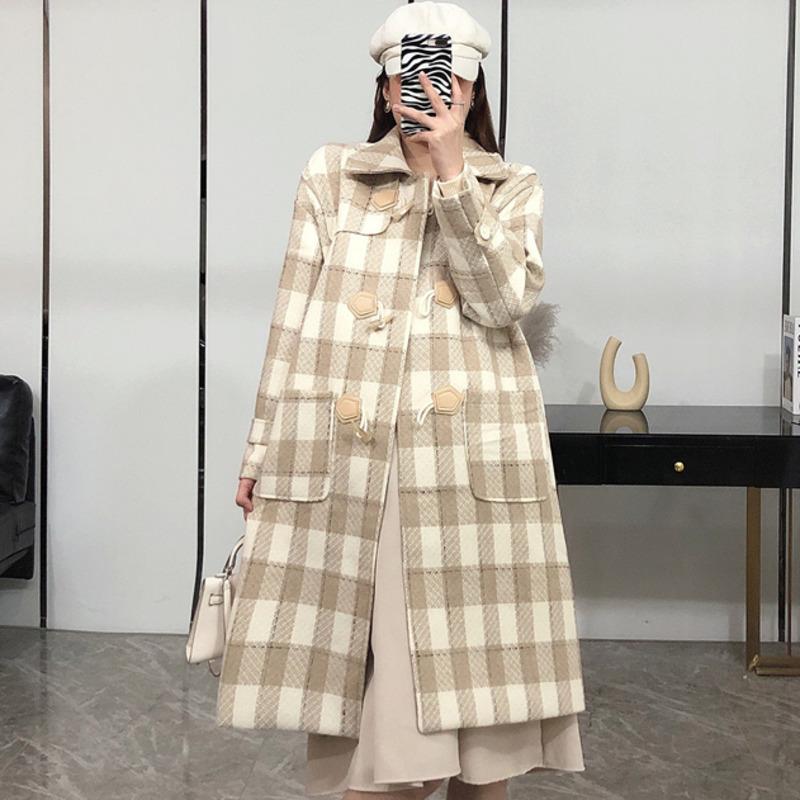 

2020 Winter Female Over Knee Style Turn-down Collar Long-sleeved Panelled Plaid Straight Minimalist Woolen Overcoat V719, Black