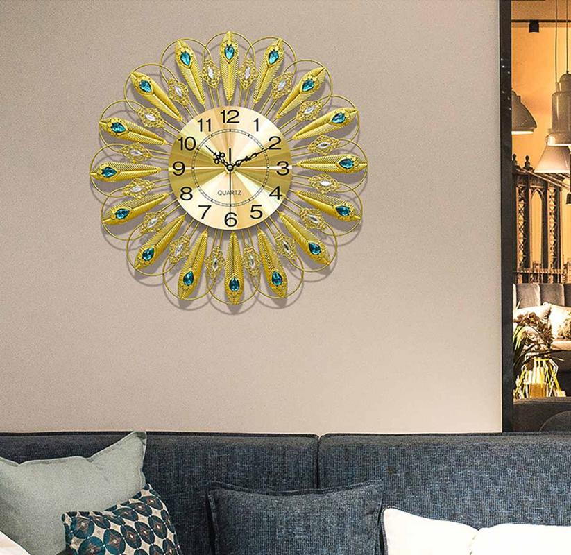 

Large 3D Vintage Iron Wall Clock Diamond Peacock Retro Antique Style Hanging Watch for Home Living Room Home Wall Decoration