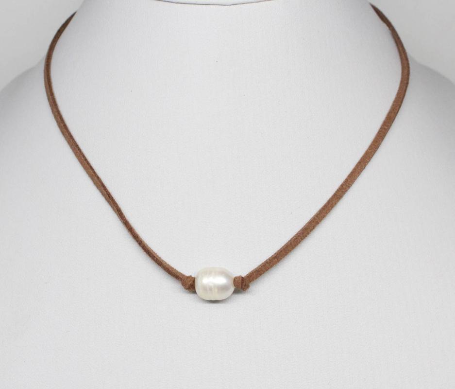 

10mmx12mm TearDrop Growth Rings Real Pearl Single Beads Brown Leather Choker Pendant Necklace 17.5 inches Choose Color