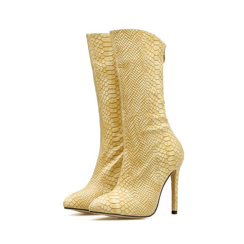 

35-40 Women boots snake golden midcalf shoes leather boots women fashion thin heels 11.5cm, Gold
