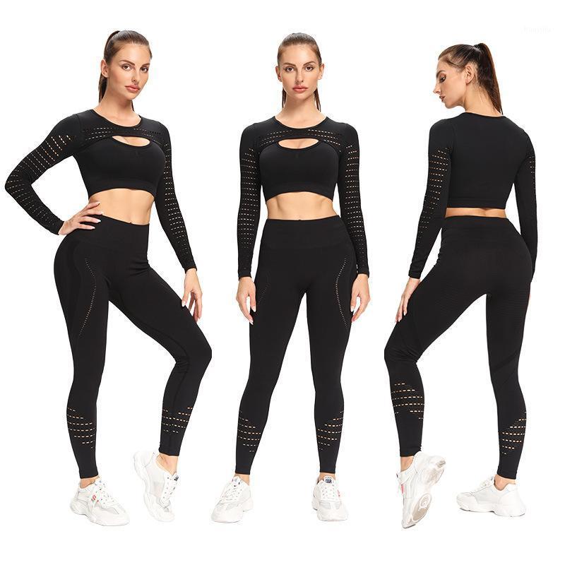

2PCS Women Quick-Drying Breathable Sportswear Gym Clothing Yoga Set Hollow Design High Waist Leggings Top Fitness Track suits1, Black